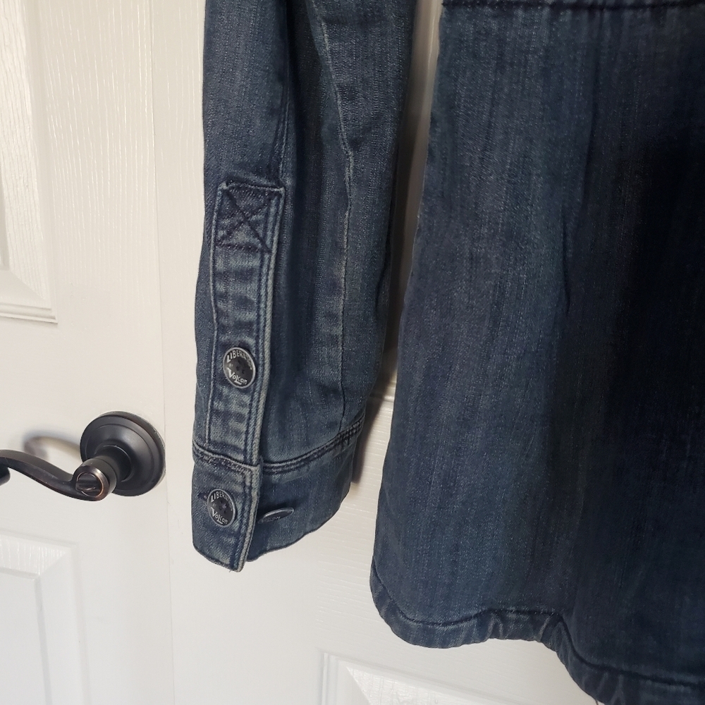 Vintage Volcom Denim Flannel Jacket Full Zip + Button Hooded Heavyweight Size 32 - Picture 10 of 16